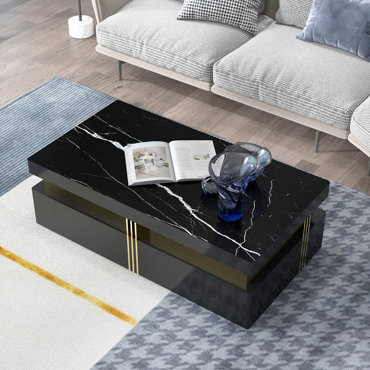 Trimied Modern Coffee Table with Storage in Black Center Table with Stainless Steel Base