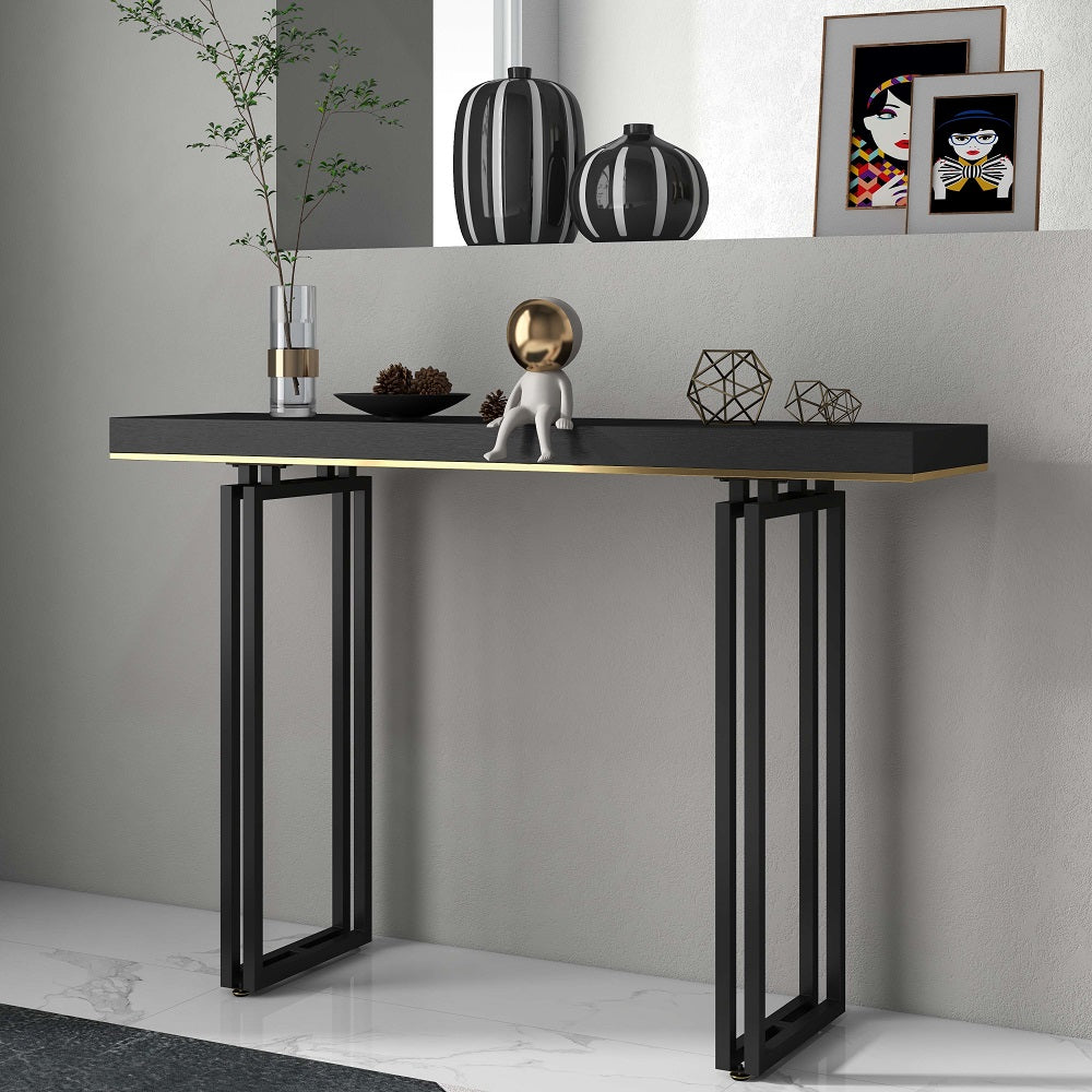 1200mm Entry Accent Table Narrow Console Table Black Solid Wood & Metal in Large