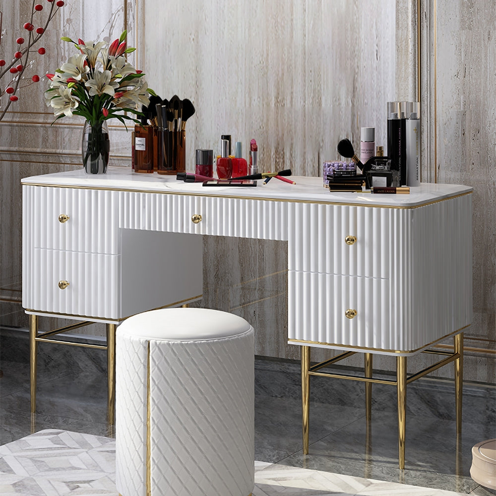 Bline White Makeup Vanity Faux Marble Dressing Table with Drawers Gold Stainless Steel