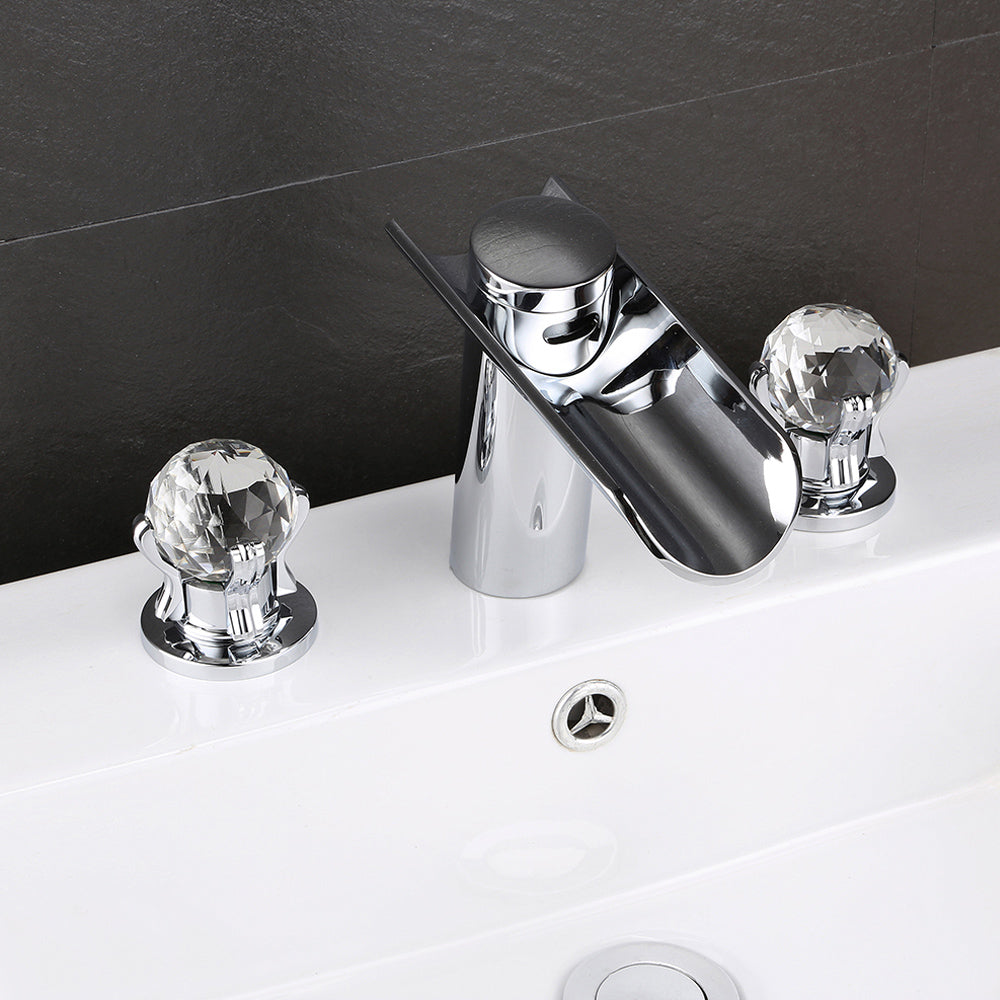 Morga Chrome Waterfall Bathroom 3 Hole Basin Tap with Crystal Handles