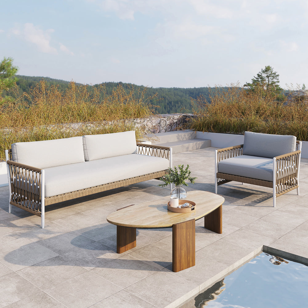 Modern Geometric Beige Outdoor Patio Travertine Coffee Table with Wood Stand in Walnut