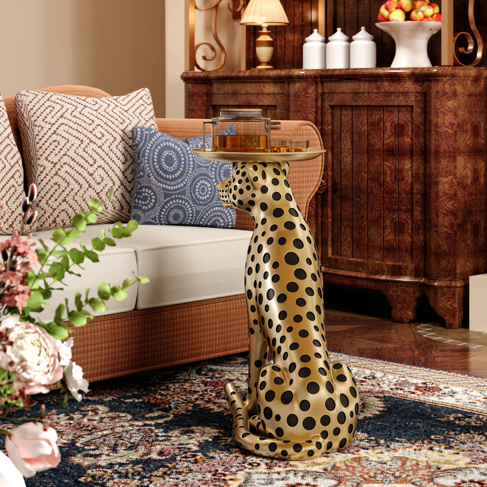 Resin Panther End Table Luxury Gold Leopard Accent Side Table with Tray Top Drink Table