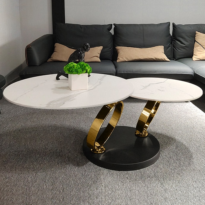 Modern White Extendable Coffee Table with Ring-shaped Metal Pedestal