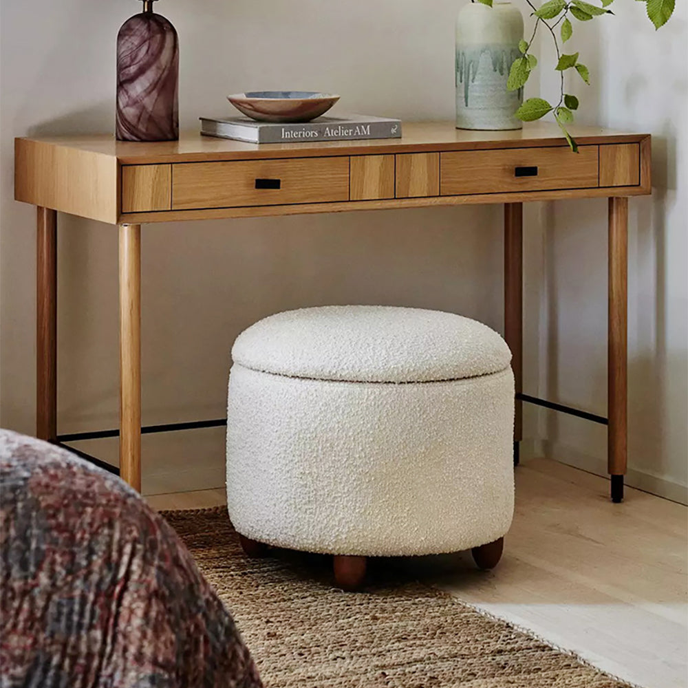 Modern White Boucle Vanity Stool with Lifted Top Storage Round Ottoman with Walnut Legs