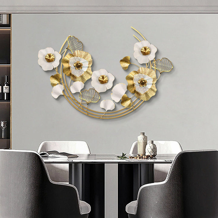 1200mm Modern Metal Wall Decor Art with Gold & White Leaves & Flowers for Living Room