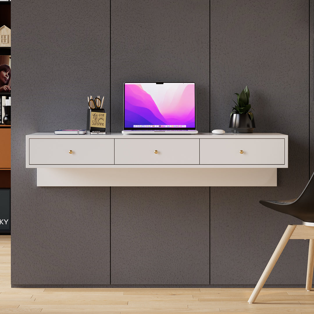 1000mm Modern White Floating Desk with Drawers Wall Mounted Desk in Pine Wood Frame