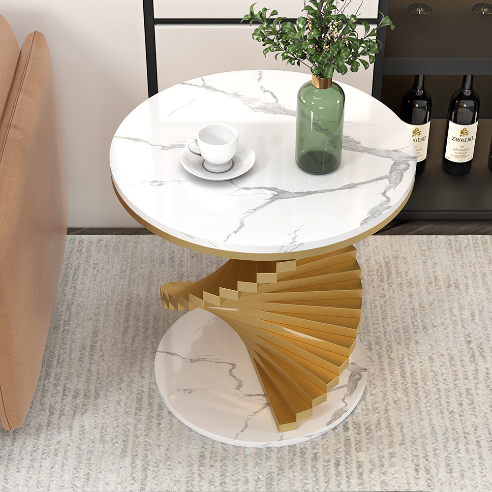 Round Faux Marble Tabletop End Table with Metal Frame Modern White Side Table