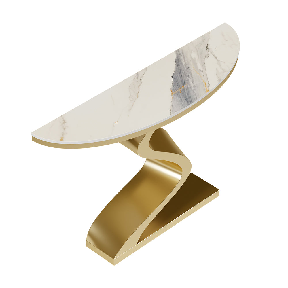 Curved Console Table with Sintered Stone Top Half Moon Shape Entryway Furniture in White & Gold (1000mm Wide)