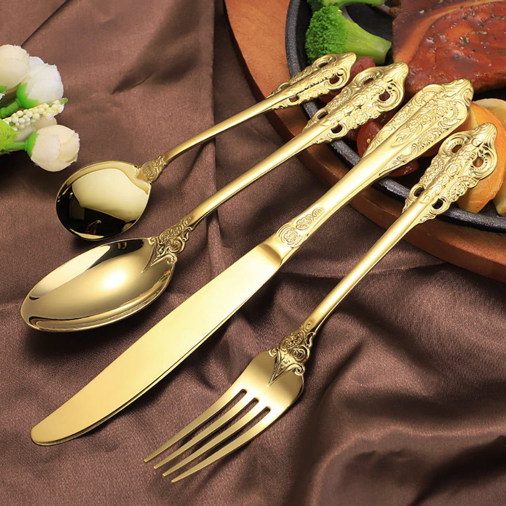 Vintage Gold Engraved Cutlery Set Service for 12 Stainless Steel Flatware 48Pc Set