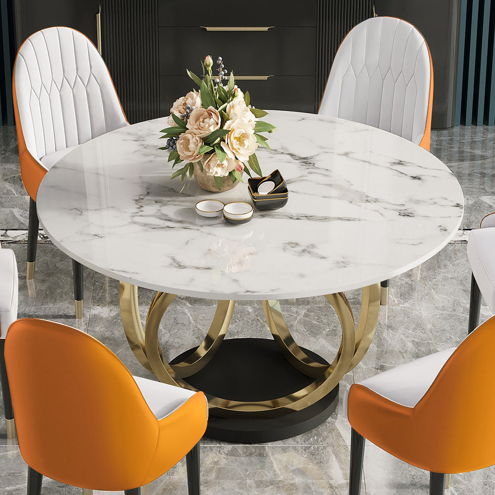 Dining Table Set 53" Round Faux Marble Top Dining Table White & Orange with 6 Chairs