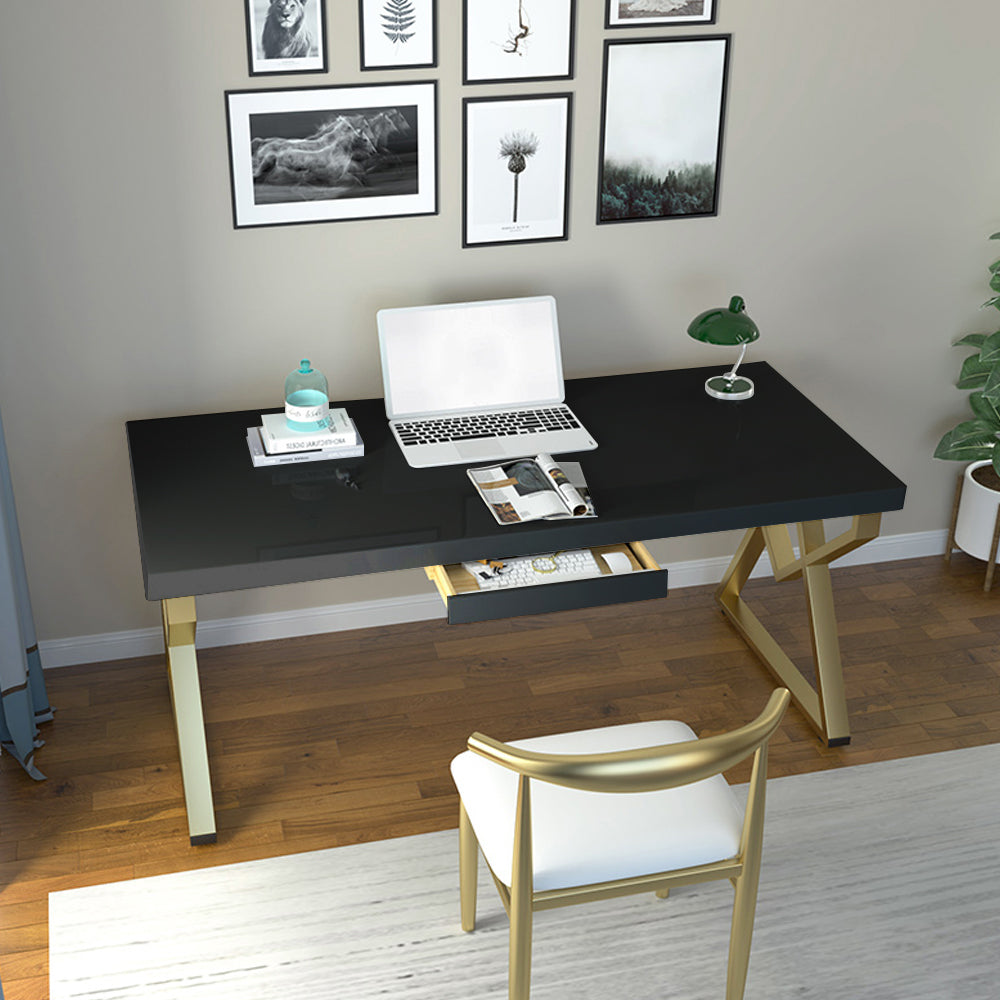 1200mm Modern Rectangular Black Writing Desk with Gold Metal Base Wooden Home Office Desk with Drawer