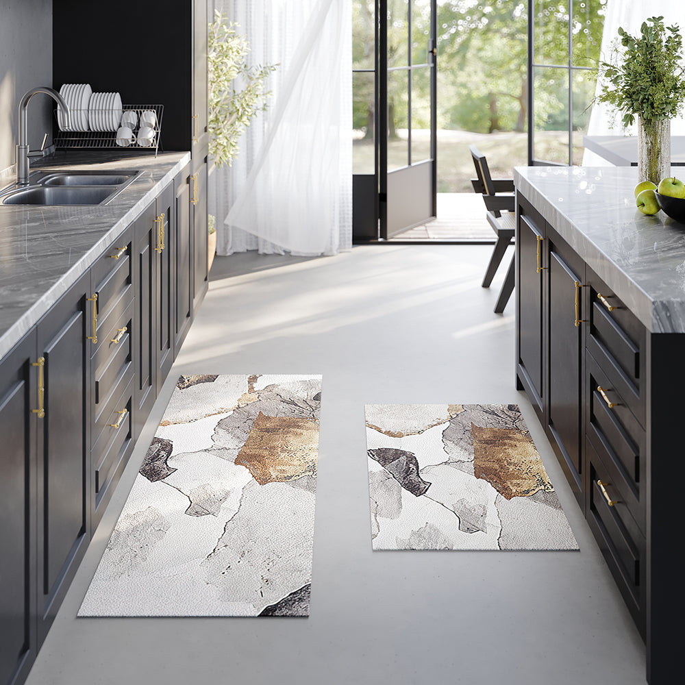 2 Pieces Modern Gold Kitchen Runner Mats Non-slip Abstract Kitchen Mat Set