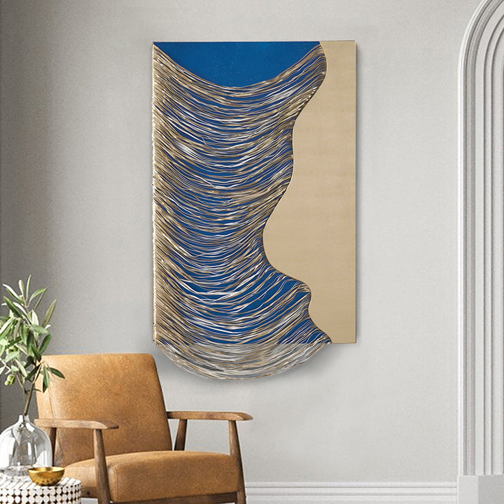 3D Modern Blue & Gold Geometric Abstract Wood Wall Decor Art for Living Room Bedroom