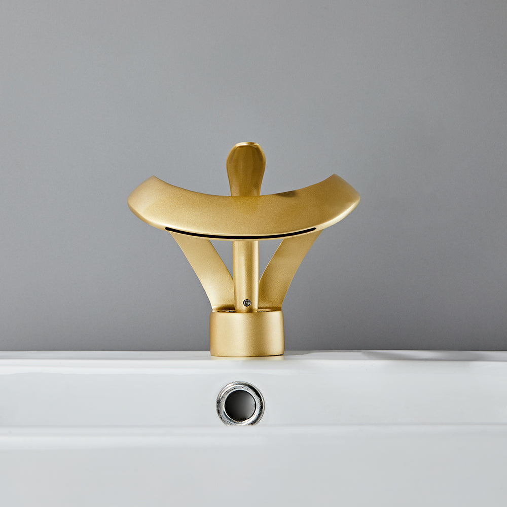 Modern Elegant Waterfall Bathroom Basin Tap Single Lever Handle Solid Brass in Gold