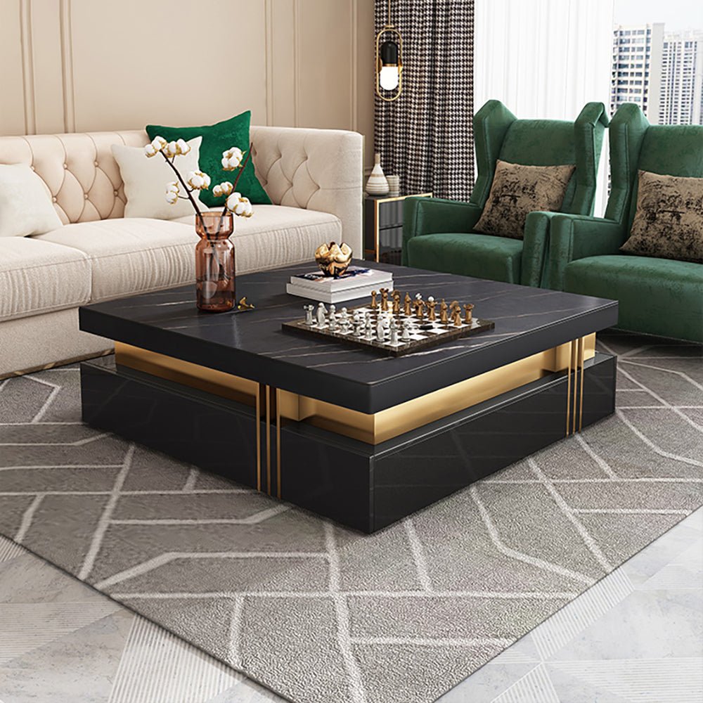 Trimied 1100mm Modern Black Square Storage Coffee Table Stone Top & 4 Wood Drawers