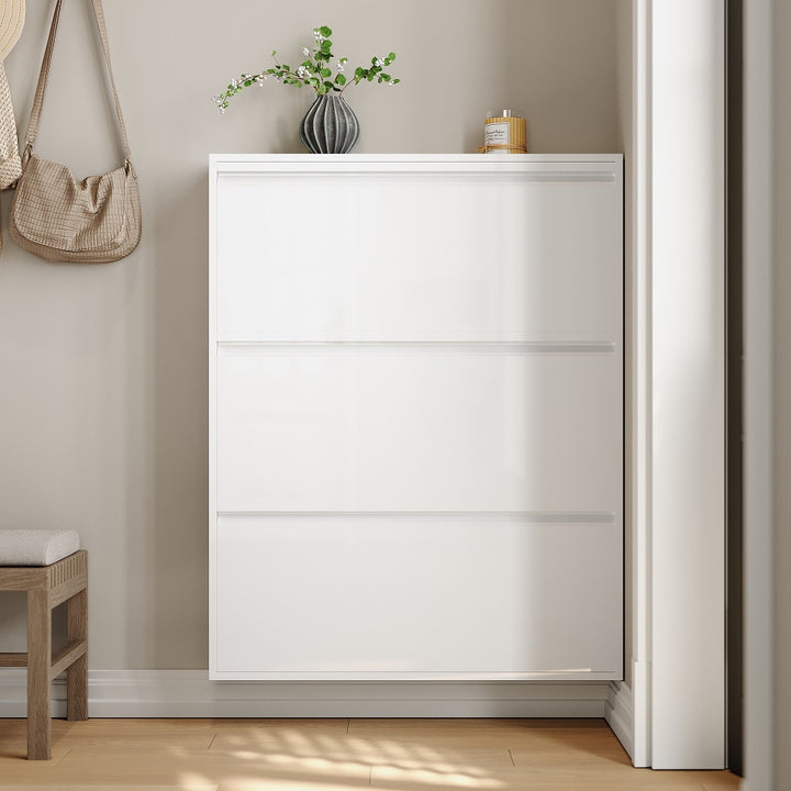 650mm White Narrow 3 Tiered Shoe Storage Cabinet Wall Mounted in Medium