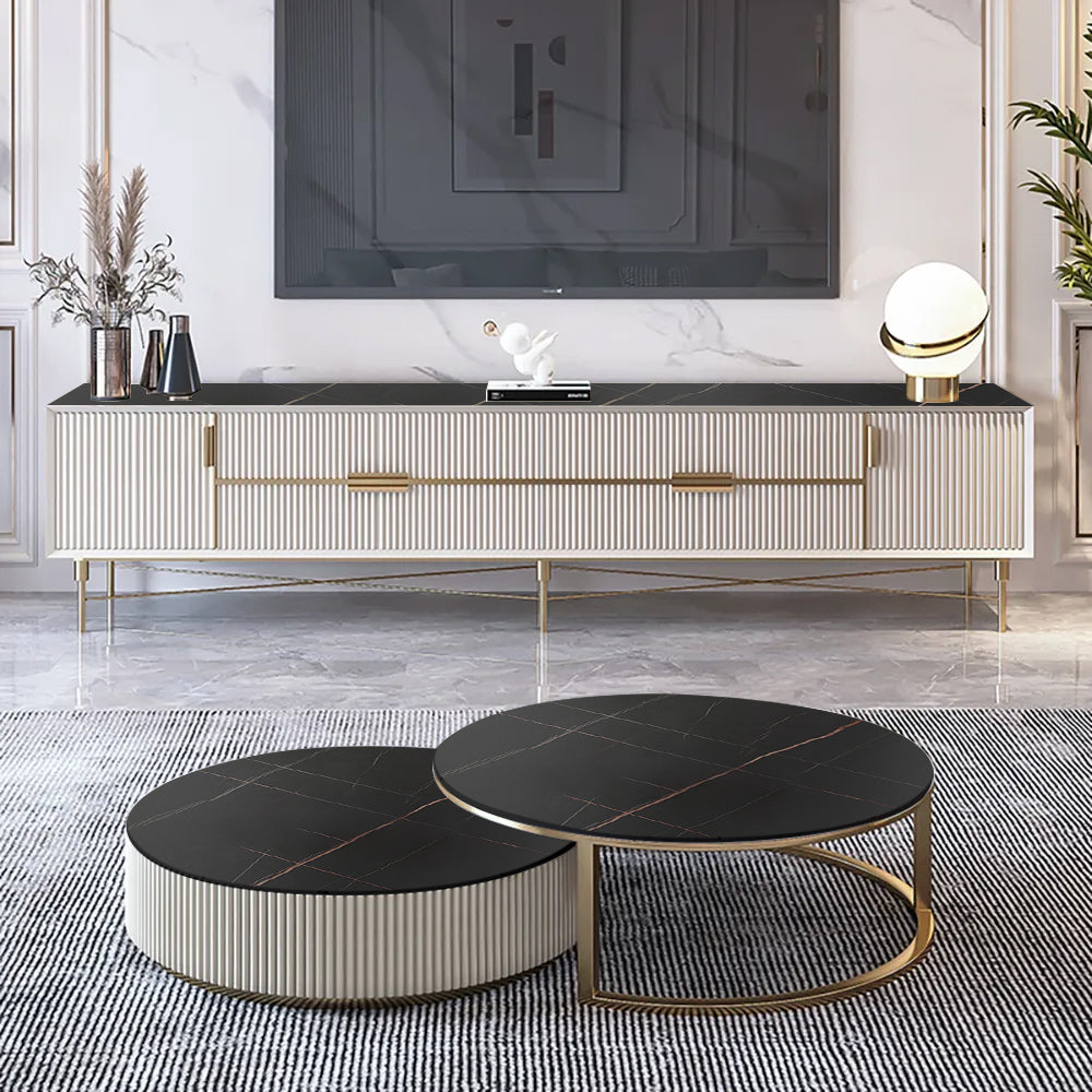 Set of 2 Round Sintered Stone Top Nesting Coffee Table with Drawer Black & Gold