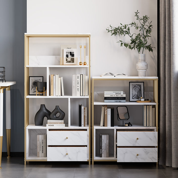 Modern White Bookshelf Wood Book Shelf with 2 Drawers & Ample Open Storage in Gold Metal Frame