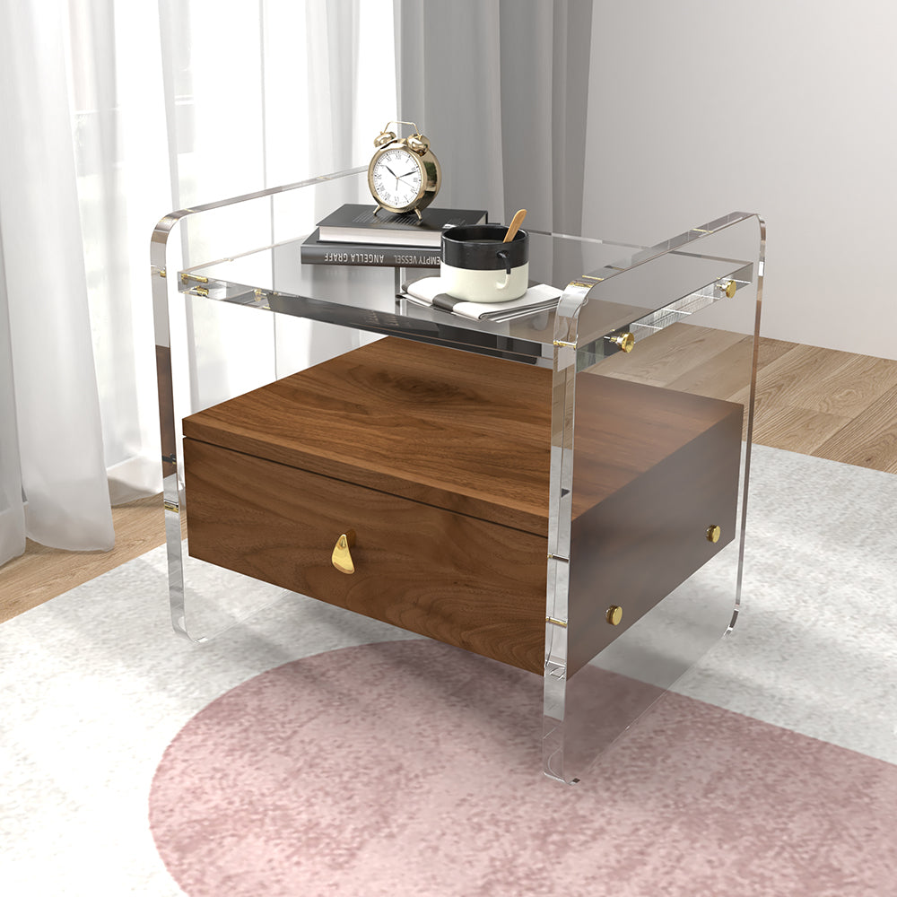 Modern Clear Acrylic Wood Nightstand with Storage & Shelf for Bedroom