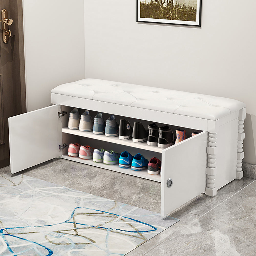 White Hallway Bench with Shoe Storage Leather Upholstered