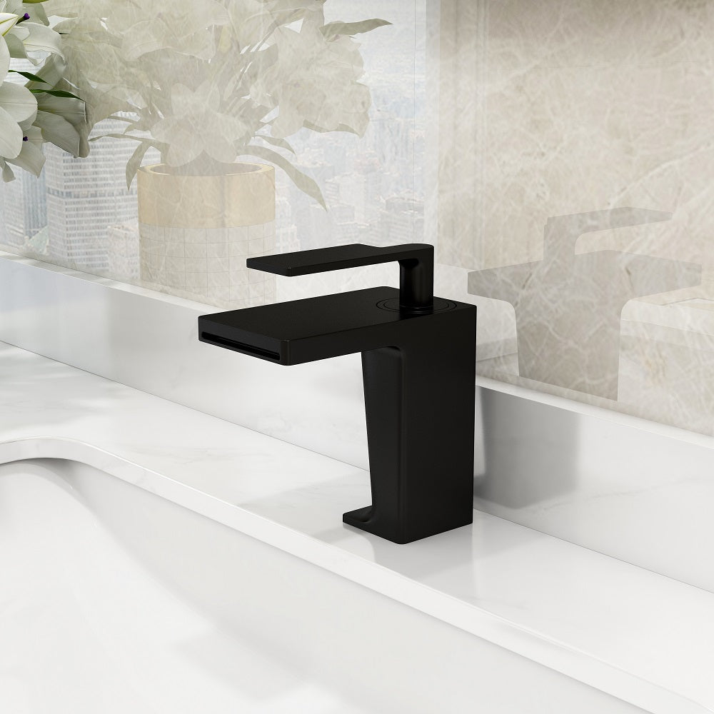 Modern Waterfall Monobloc Bathroom Tap Single Lever Handle Solid Brass in Matte Black