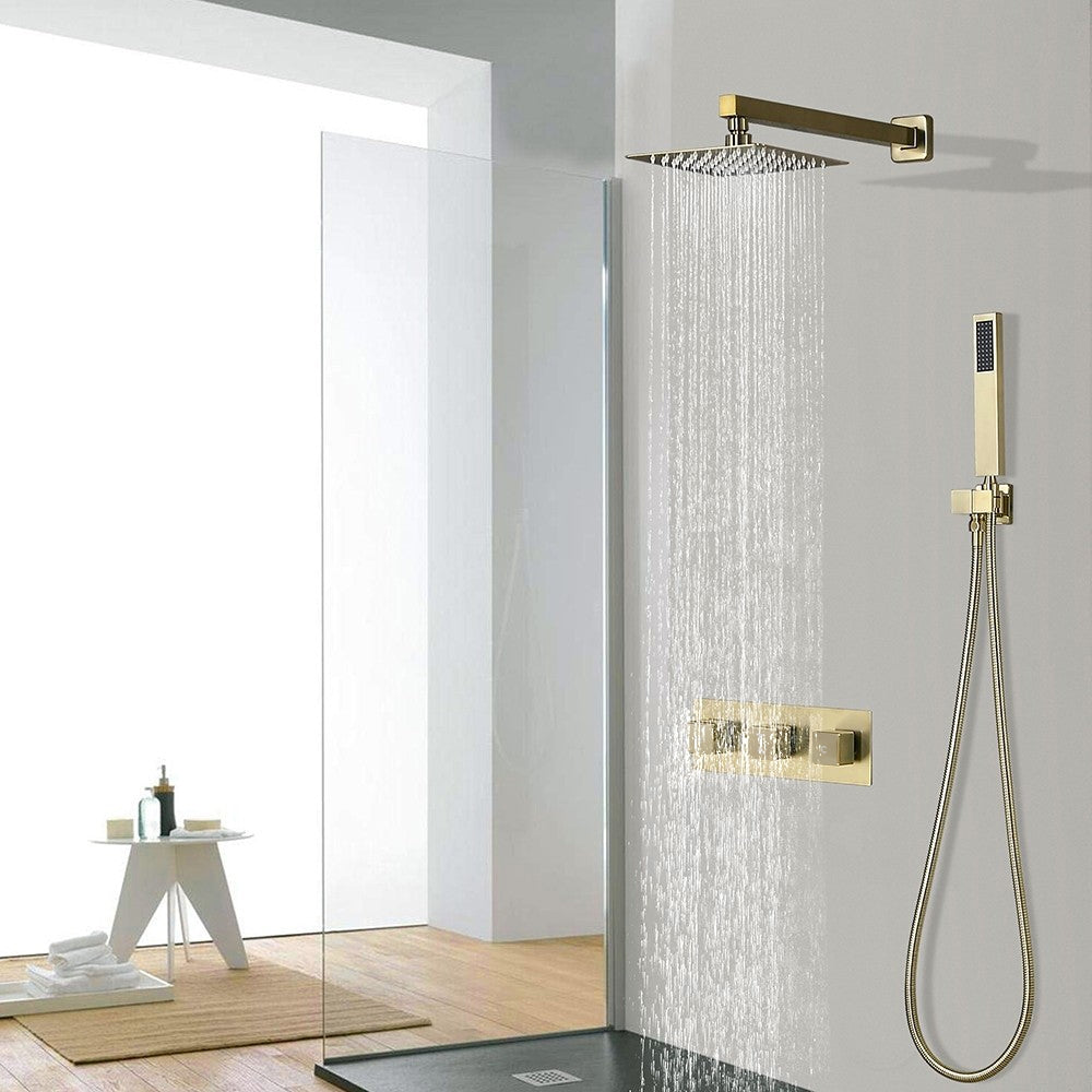 Modern Square Rain Shower Head Wall Mounted Solid Brass Shower Mixer in Brushed Gold