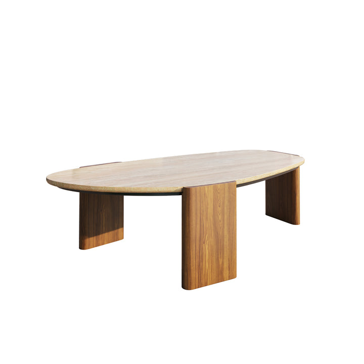 Modern Geometric Beige Outdoor Patio Travertine Coffee Table with Wood Stand in Walnut