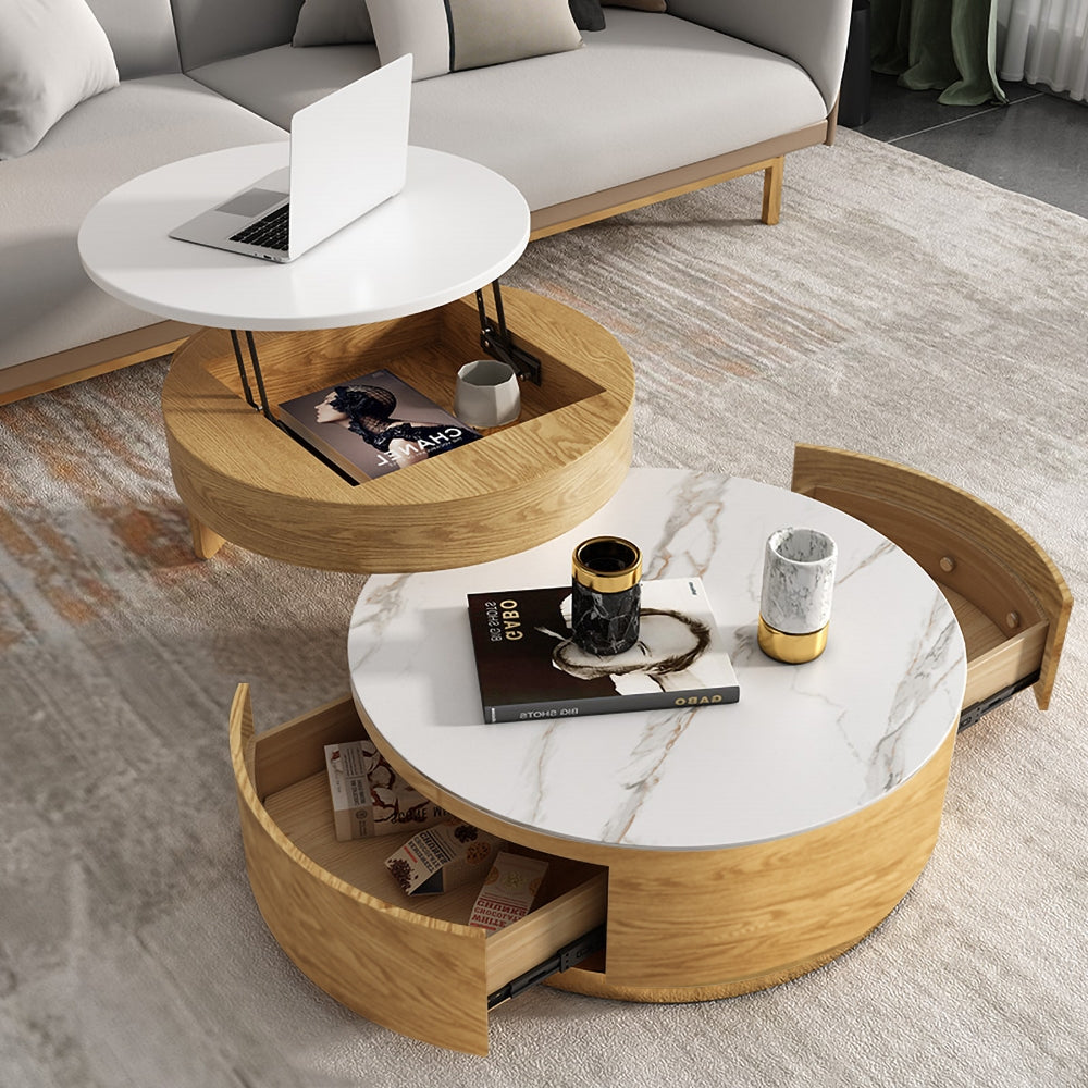 Modern Round Coffee Table with Storage Lift-Top Wood & Glass Coffee Table with 2 Drawers