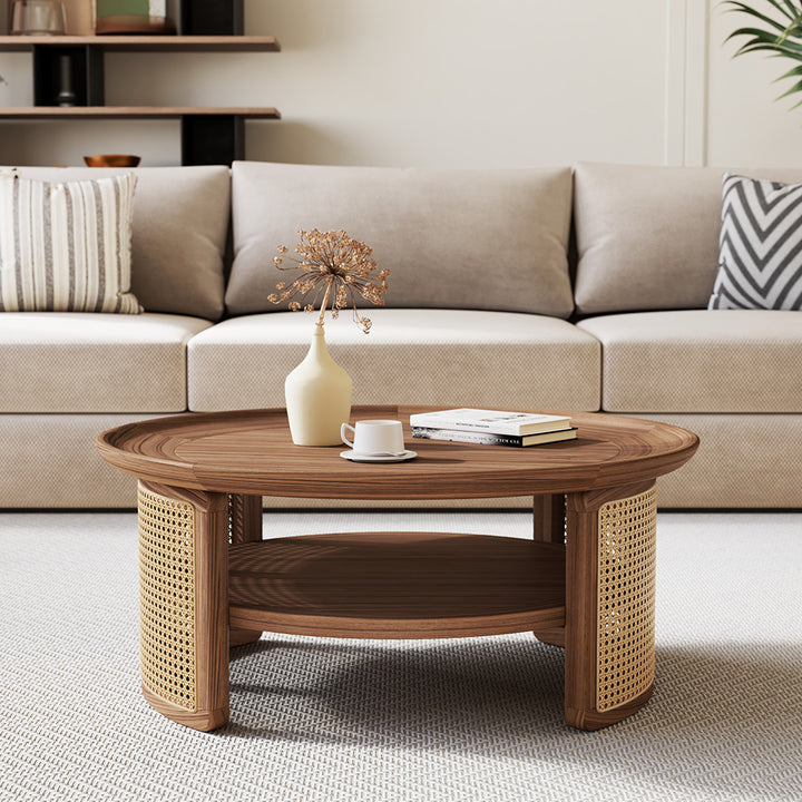 2-Tiered Japandi Round Walnut Wood Coffee Table with Storage Rattan Base