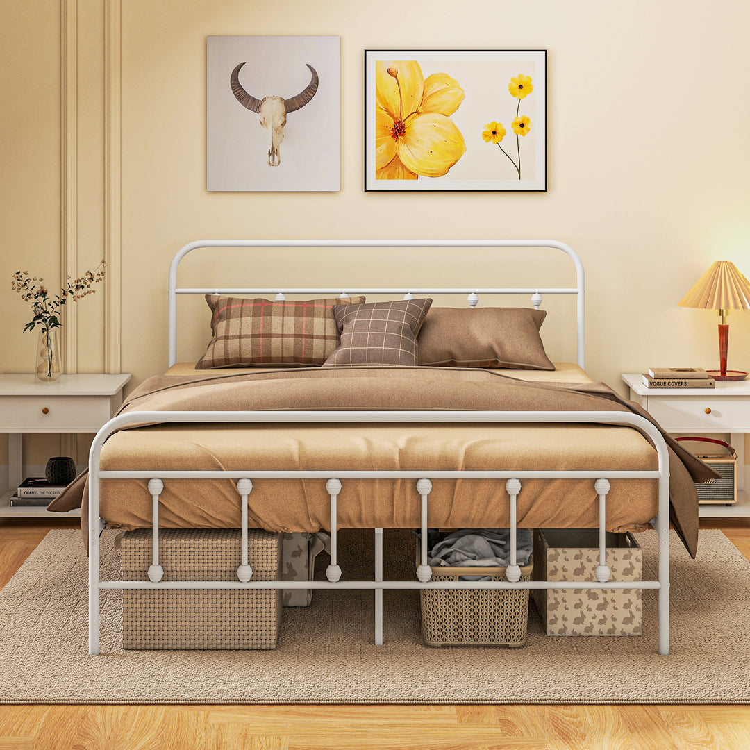 4ft Double Platform Bed Frame with Underbed Storage Tall Headboard Steel Slat No Box Spring Needed Easy Assembly White