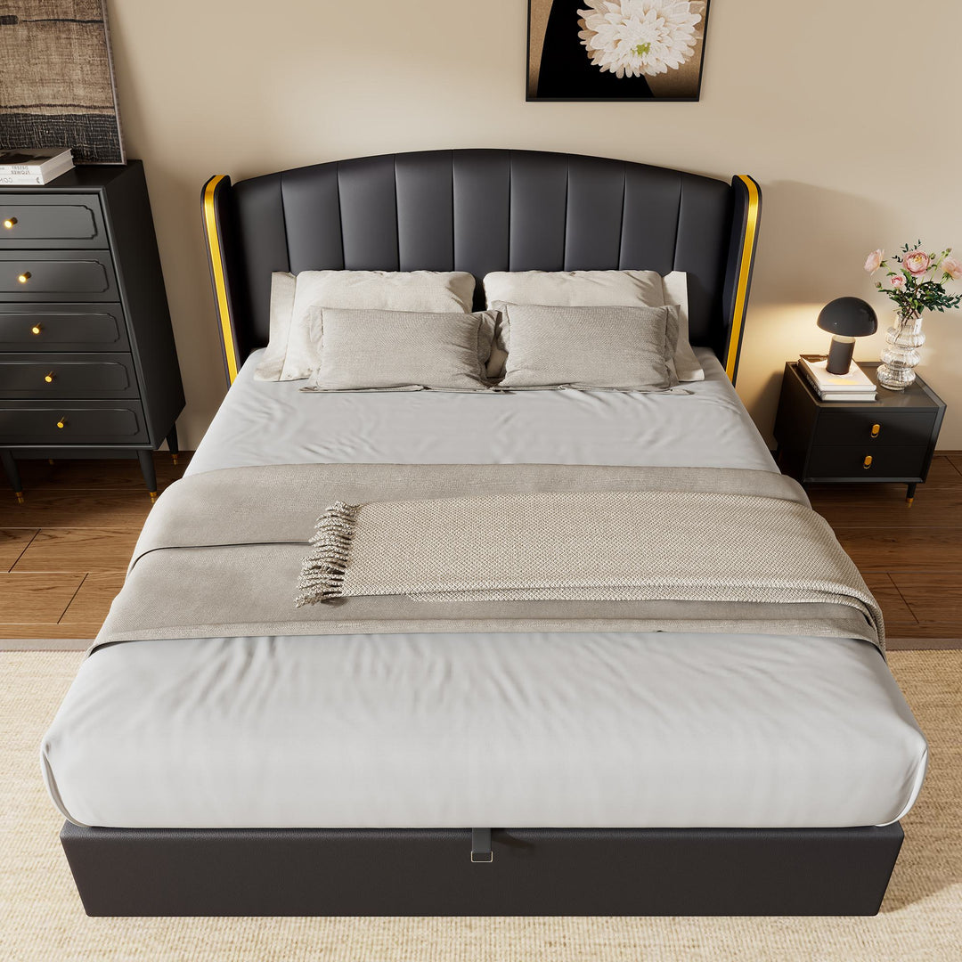 Double Stylish Upholstered Bed with Hydraulic Storage and Gold Edge Ear Design