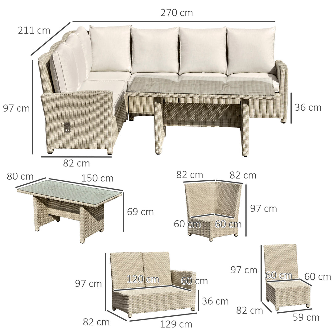 6-Seater Reclining PE Rattan Garden Dining Set Patio Furniture w/ Sofa Chairs Glass Table