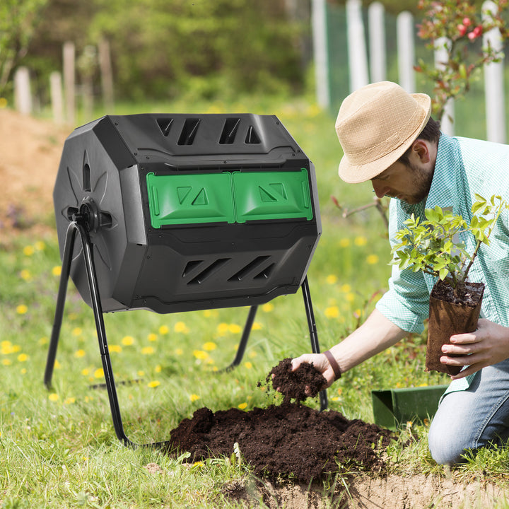 160L Tumbling Compost Bin Outdoor Dual Chamber 360Â° Rotating Composter w/ Sliding Doors & Solid Steel Frame