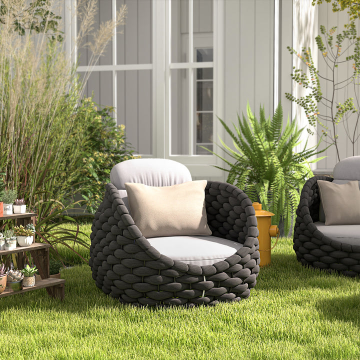 Tatta Modern Outdoor Swivel Chair 360 Rotatable Gray & Black Woven Rope Armchair Sofa