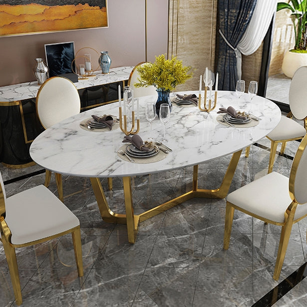 Oval Dining Table White Faux Marble Dining Table Modern 63" Dining Table with Gold Frame