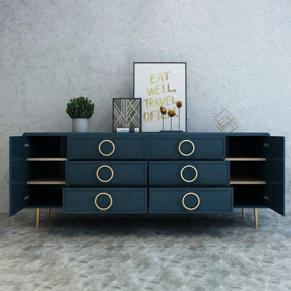 Rindix Blue Sideboard Cabinet Gold Credenza Drawers & 2 Doors 1600mm Mid-Century