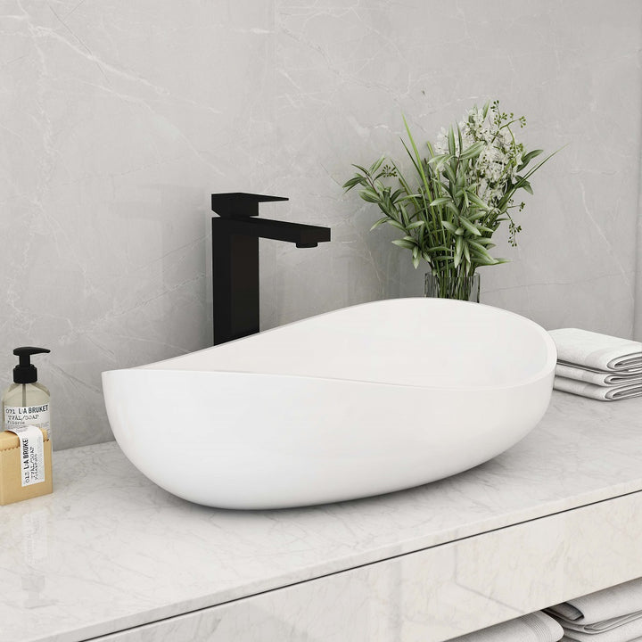 Bathroom Stone Resin Oval Counter Top Basin Glossy White with Pop Up Waste