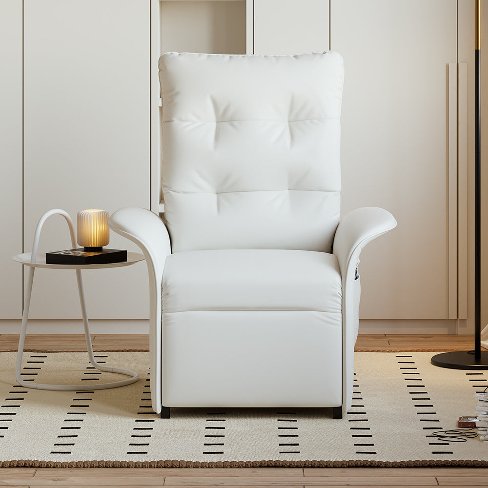 Modern White Leather Power Recliner High Back Sleeper Chair with Side Pocket