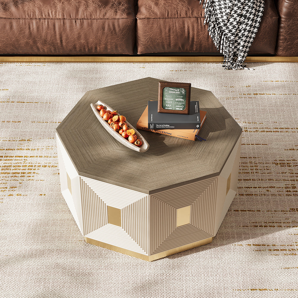 Mid Century Modern Block Coffee Table in Light Grey & Champagne with Octagonal Tabletop