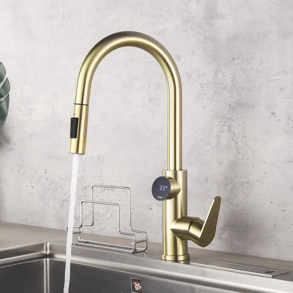 Pull Down Brushed Gold Kitchen Tap With Sprayer Single Handle Temperature Display