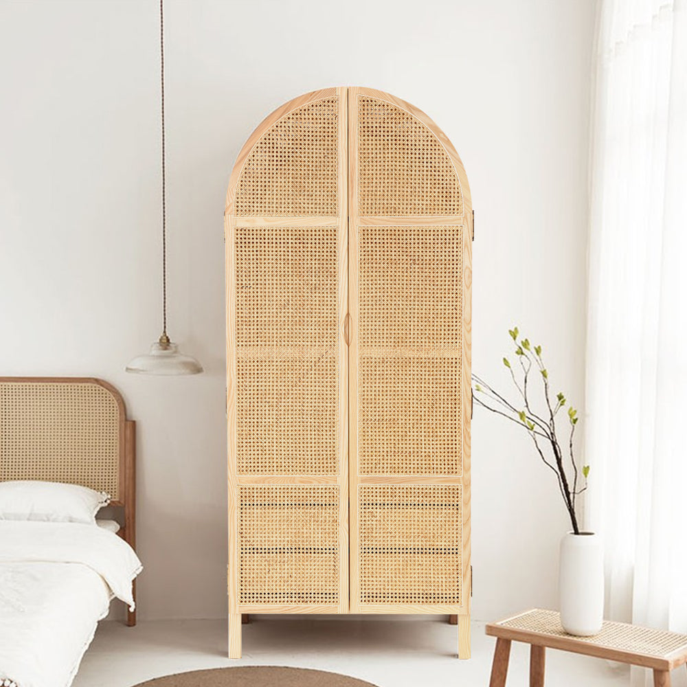 Natural Woven Rattan Bedroom Clothing Armoire with Hidden 2 Doors and Drawers Wardrobe