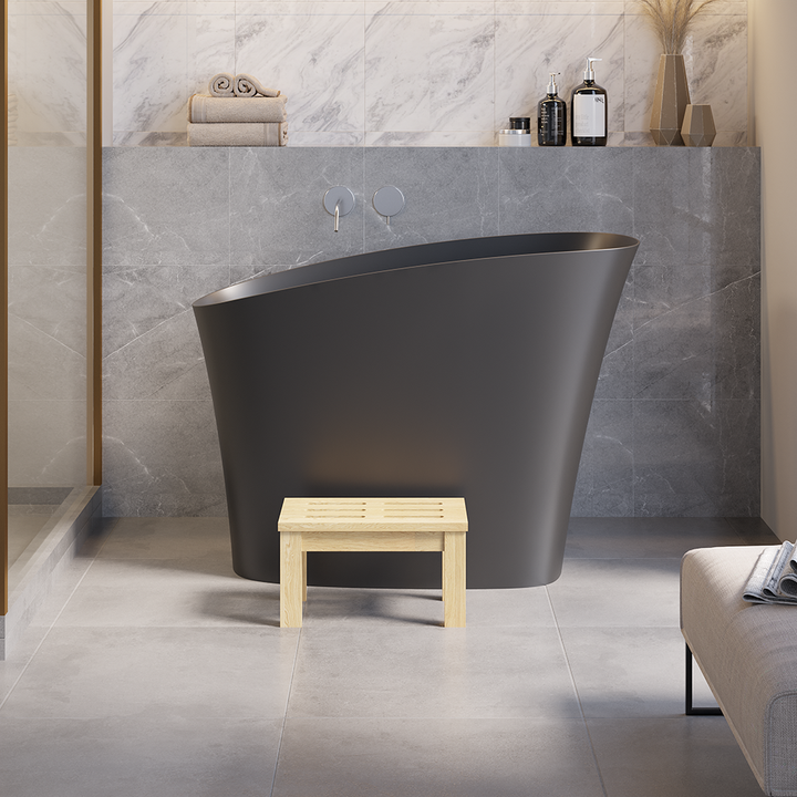 47" Japanese Oblique Deep Bathtub Freestanding Matte Black Stone Resin Modern Soaking Tub