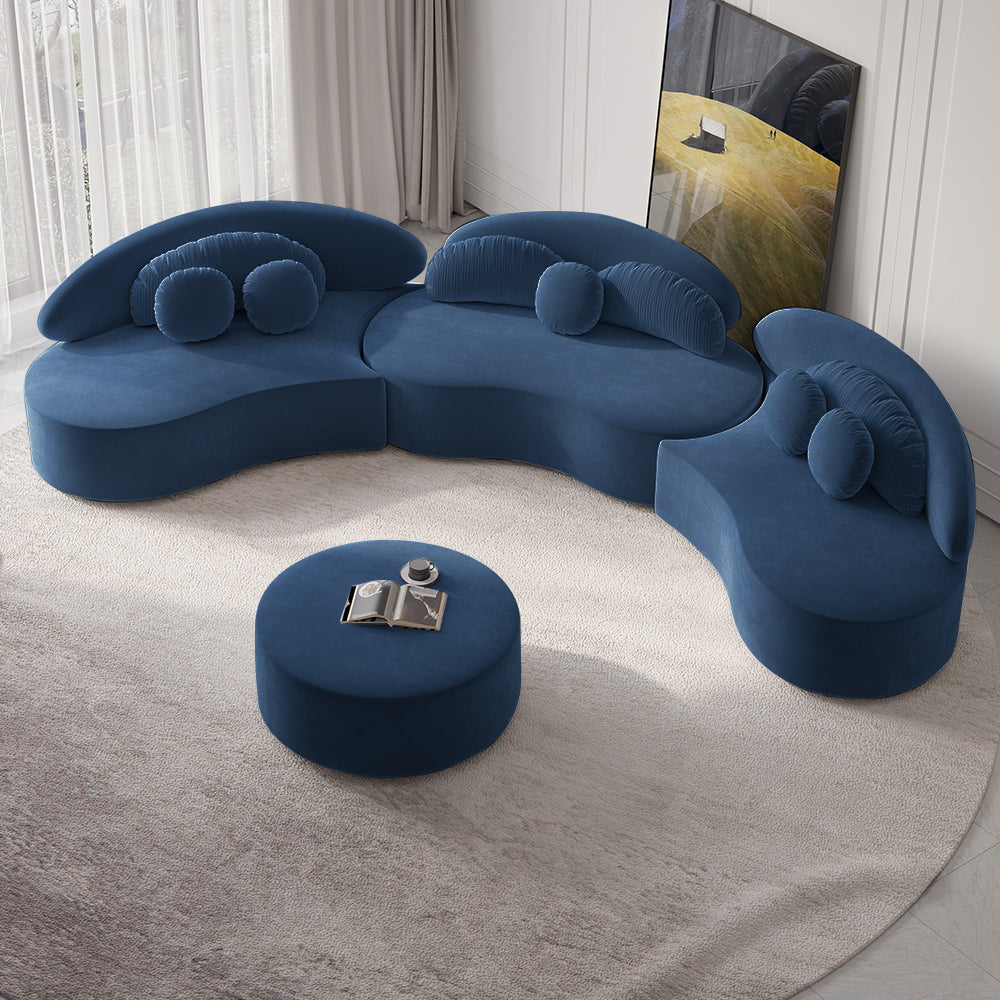 Modern 7-Seat Sofa Curved Sectional Modular Blue Velvet Upholstered with Ottoman