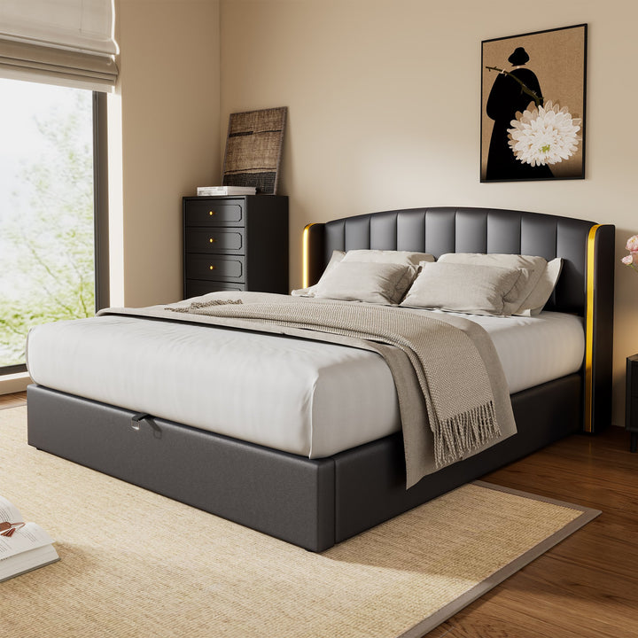 Double Stylish Upholstered Bed with Hydraulic Storage and Gold Edge Ear Design