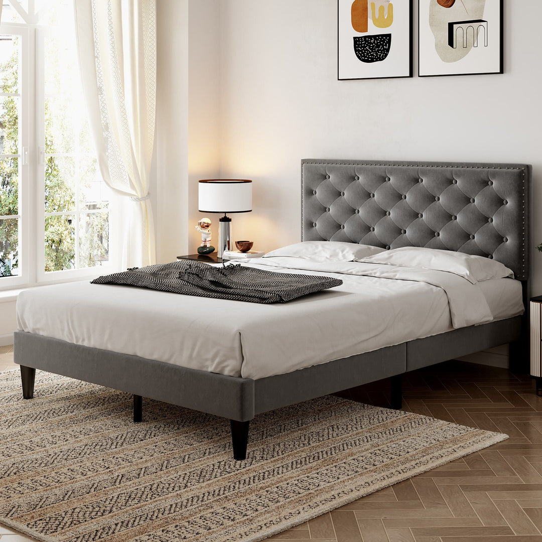 Velvet Upholstered Bed Frame with Adjustable Button-Tufted Headboard