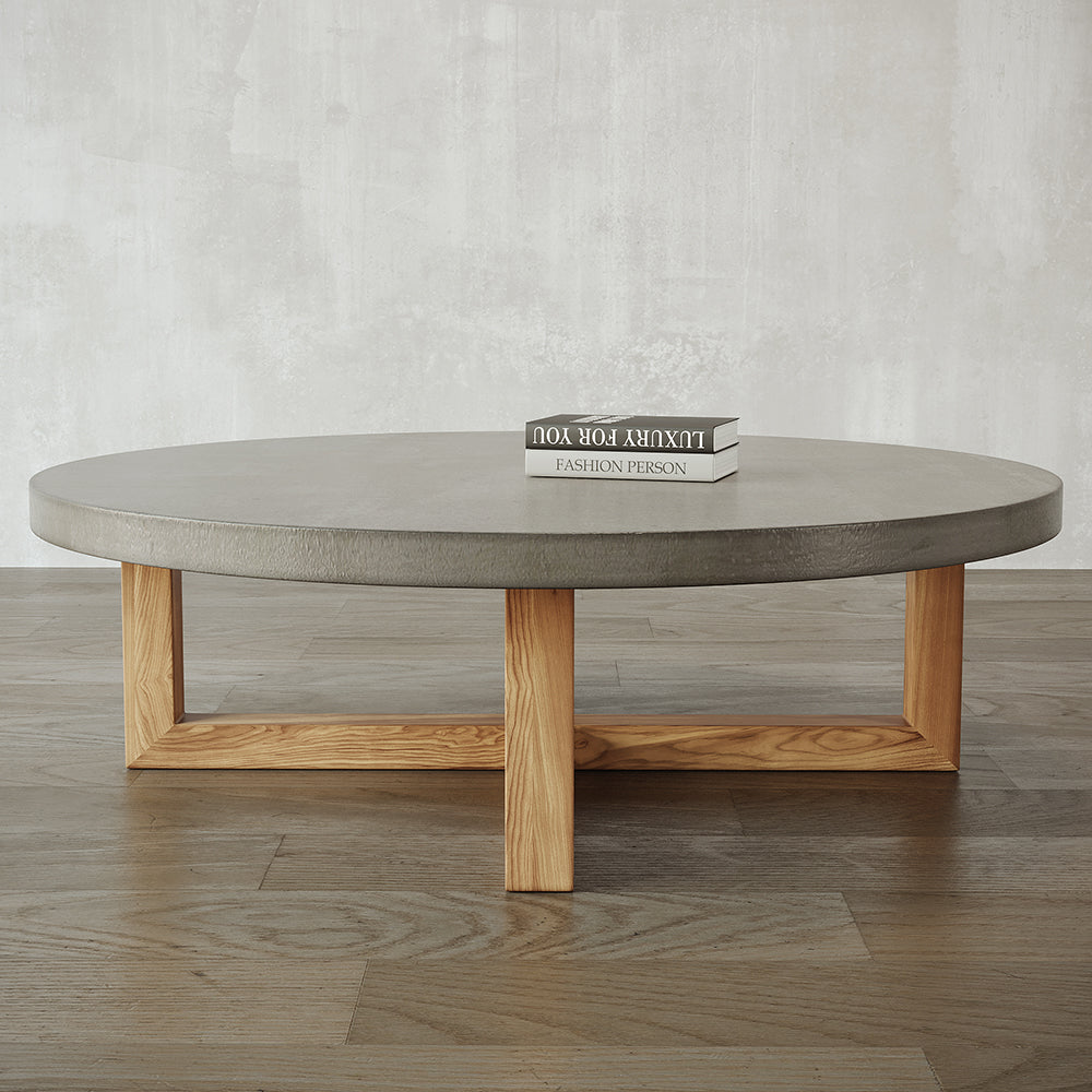 800mm Round Concrete Gray Coffee Table with Cross Legs Pine Wood Base