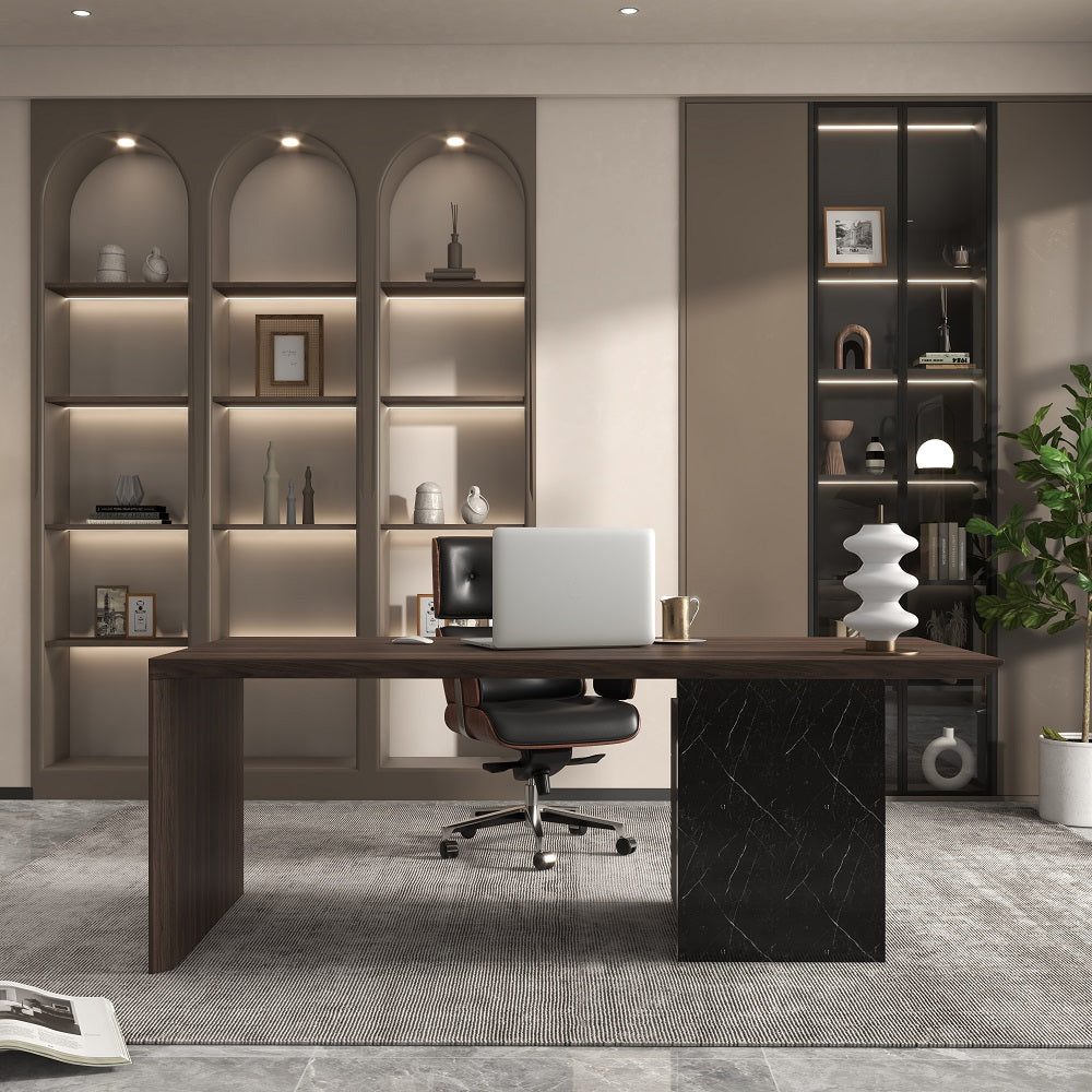 Modern Black & Walnut Wooden Home Office Desk with Movable File Cabinet Office Furniture