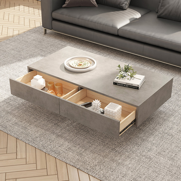 Japandi Rectangle Concrete Grey Coffee Table with 2 Drawers & Open Storage