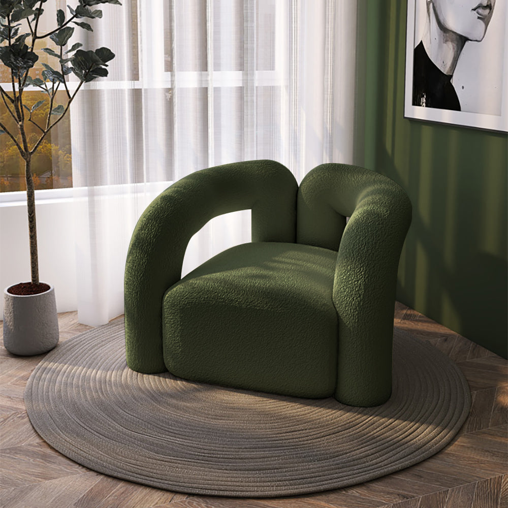 Japandi Dark Green Boucle Accent Chair Shaggy Armchair for Living Room