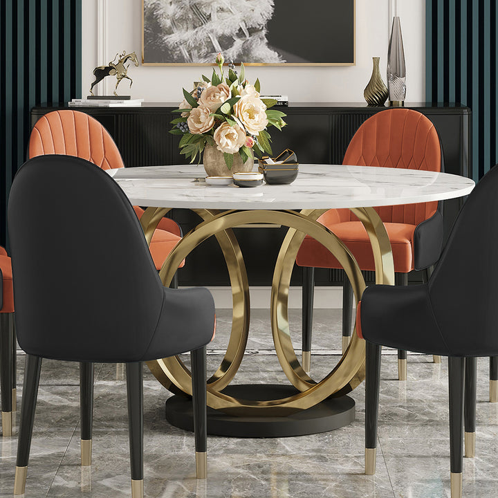 53.1" Contemporary Round Dining Table with Faux Marble Top in White & Gold